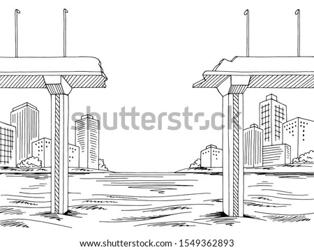 Broken bridge graphic black white landscape city sketch illustration vector