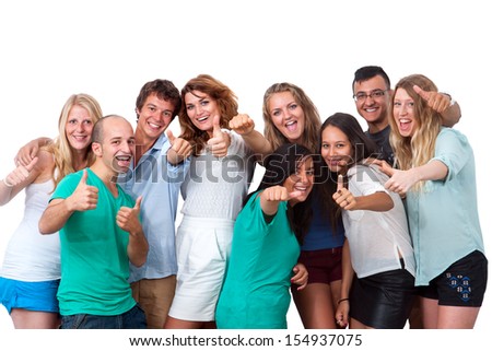 Group portrait of young people doing thumbs up.Isolated on white.