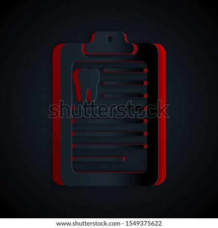 Paper cut Clipboard with dental card or patient medical records icon isolated on black background. Dental insurance. Dental clinic report. Paper art style. Vector Illustration