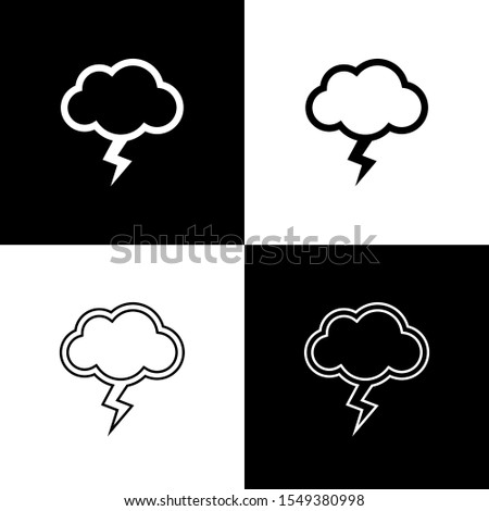 Set Storm icon isolated on black and white background. Cloud and lightning sign. Weather icon of storm.  Vector Illustration