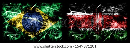 Brazil, Brazilian vs Kenya, Kenyan New Year celebration sparkling fireworks flags concept background. Combination of two states flags.
