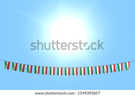 beautiful any occasion flag 3d illustration
 - many Hungary flags or banners hanging on rope on blue sky background