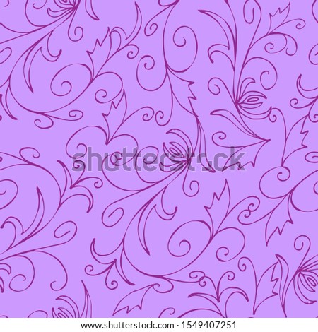 Victorian style seamless pattern. Black lines on a purple background. Drawn by hand. Vector illustration. Suitable for banner, postcard, design, fabric.