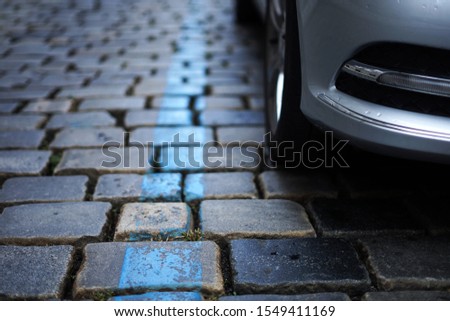 City centre blue zone parking line marked on street road, Prague, Czech Republic