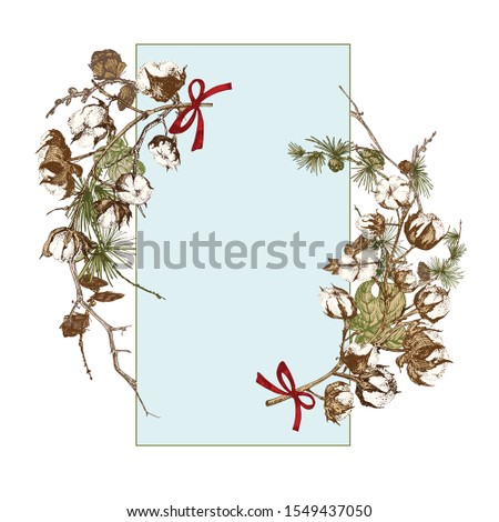 Hand drawn botanical sketch garland with christmas plants branches. Vintage engraving style. Traditional holiday decoration. For design festive card, invitation, poster, banner. Vector illustration