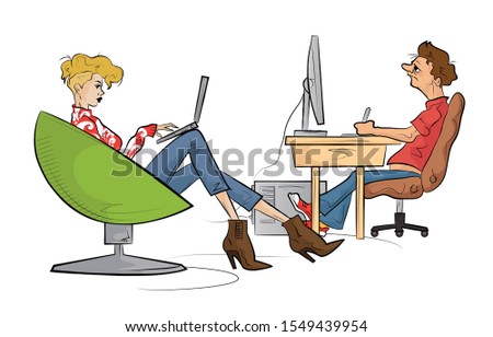 Man and woman works on the computer. Hand drawn sketch vector illustration.