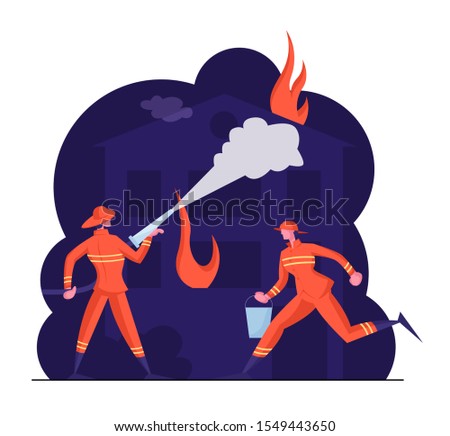 Brave Male Characters Team in Firefighters Uniform and Hats Extinguish with Big Fire Spraying Water from Hose. Couple of Firemen Fighting with Blaze at Burning House. Cartoon Flat Vector Illustration