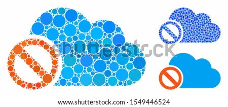 Disabled cloud mosaic of small circles in various sizes and color tinges, based on disabled cloud icon. Vector small circles are united into blue collage.