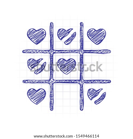 Tic tac toe game, love version with heart, valentine day icon. Hand drawn sketched picture with scribble fill. Blue ink. Doodle on white background