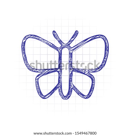 Simple butterfly logo, linear outline icon. Hand drawn sketched picture with scribble fill. Blue ink. Doodle on white background