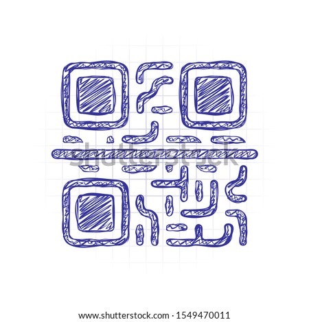 Scanning QR code. Technology icon. Hand drawn sketched picture with scribble fill. Blue ink. Doodle on white background