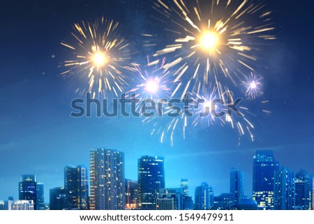 Fireworks on the sky at night scene on the city