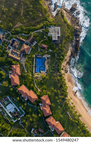 Aerial view of the pool and hotel complex in the south of Sri Lanka