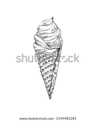 Ice cream monochrome sketch outline. Take away fresh food with waffle crusty cone. Meal in summer time for refreshment isolated on raster illustration