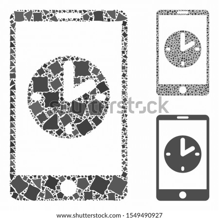 Mobile time mosaic of rough elements in different sizes and color tinges, based on mobile time icon. Vector ragged pieces are organized into mosaic. Mobile time icons collage with dotted pattern.