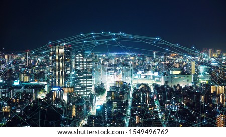 Smart city and communication network concept. 5G. LPWA (Low Power Wide Area). Wireless communication. Royalty-Free Stock Photo #1549496762