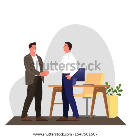 Two people shake hands as a result of agreement. Successful cooperation. Happy businessman. Isolated vector illustration in cartoon style