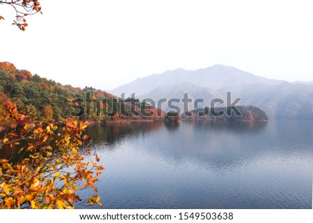 Beautiful autumn scenery,foggy mist over the lake and mountain.