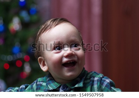 A little boy in a green shirt stands at a festive Christmas tree.