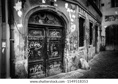 Derelict Building in Prague, City Street Scene, with graffiti Royalty-Free Stock Photo #1549518353