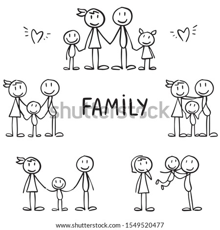 Set of stick figures. Happy family, motherhood and joy with children. Childish hand drawn stick men showing parents with children.  Royalty-Free Stock Photo #1549520477