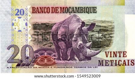 Rhinoceros. Panoramic view of savanna. Portrait from Mozambique 20 Meticais 2011 Banknotes. 