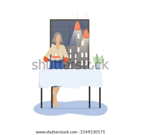 Vector illustration of an old woman holding a pie to a dinner. Grandother carries a cake to the kitchen table. Old lady routine concept. Royalty-Free Stock Photo #1549530575
