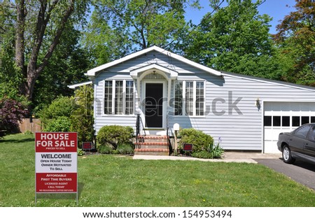 Real Estate Welcome Open House First Time Buyers Sign Front Yard Bungalow Home sunny blue sky day