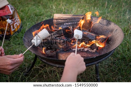 Happy young man and his son enjoying their weekend in natural environment while frying marshmellow on campfire in knockhatch england Royalty-Free Stock Photo #1549550000