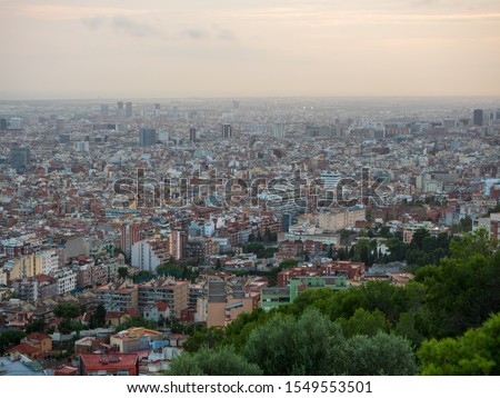 Panorama view of Barcelona city at just before sunset in Spain.
