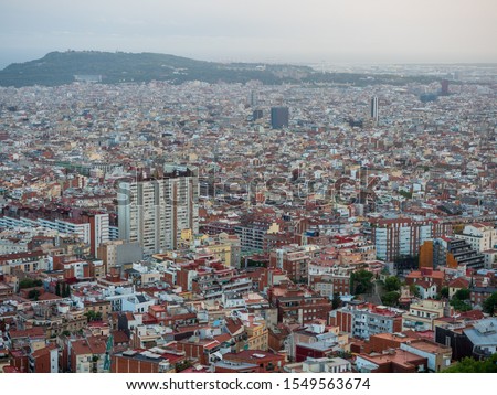 Panorama view of Barcelona city with Mediterranean at just before sunset in Spain.