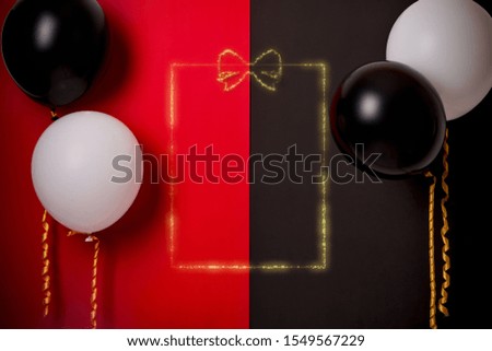 Design template background with vivid colored split color red and black background , balloons and sparkling frame - celebrations and events concept image with copy space for text.