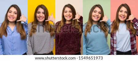 Set of woman making phone gesture. Call me back sign
