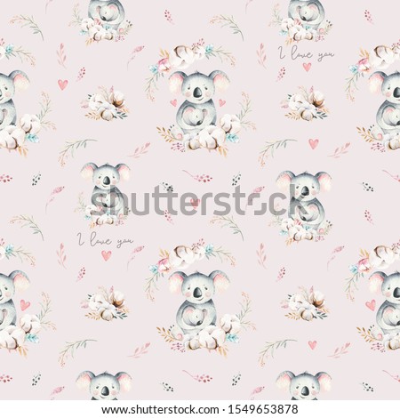 Watercolor cute cartoon little baby and mom koala with floral wreath seamless pattern. tropical fabric background. Mother and baby design. Animal family. Kid love decoration