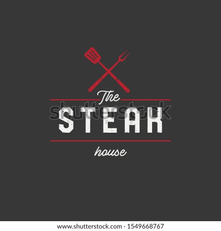 Steak house set logo with grill, steak, knife, meat, wine and beer. A restaurant. Steak cafe. Vector illustration.