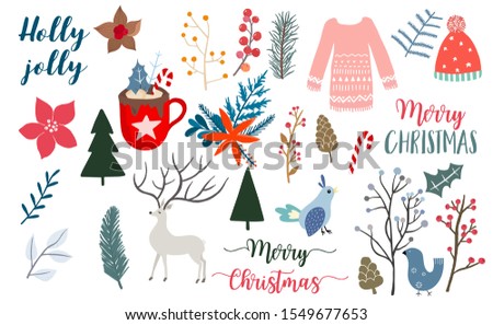Doodle Christmas object collection with pine cone,reindeer,candy.Vector illustration for icon,logo,sticker,printable