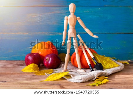 toy gardener with tools next to a pumpkin