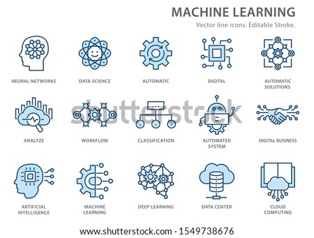 Machine learning line icons, such as artificial intelligence, digital business, automated system and more. Editable stroke. Royalty-Free Stock Photo #1549738676