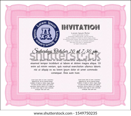 Pink Invitation template. Detailed. With guilloche pattern and background. Cordial design. 