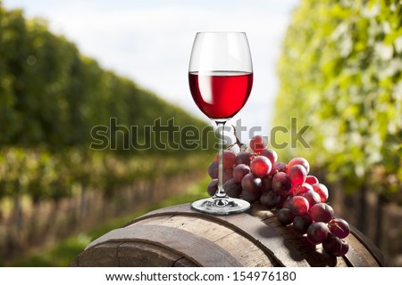 red wine on vineyard background