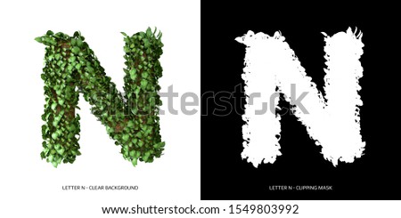 Letter N uppercase with tree shape with leaves. 3D Illustration.
