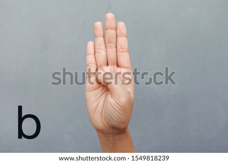  Hand Showing Sign of B Alphabet, isolated on grey background. Sign language                             