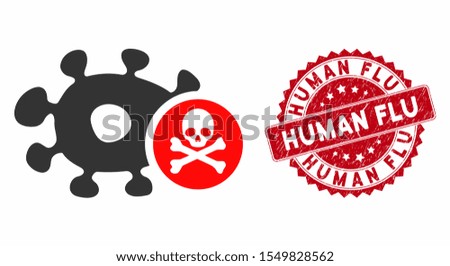 Vector microbe antibiotic icon and rubber round stamp seal with Human Flu text. Flat microbe antibiotic icon is isolated on a white background.