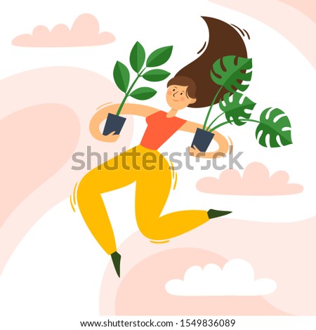 Vector cartoon illustration of european young woman with plants in pots jumping on pink background. Full height portrait of woman used for shop poster, magazine