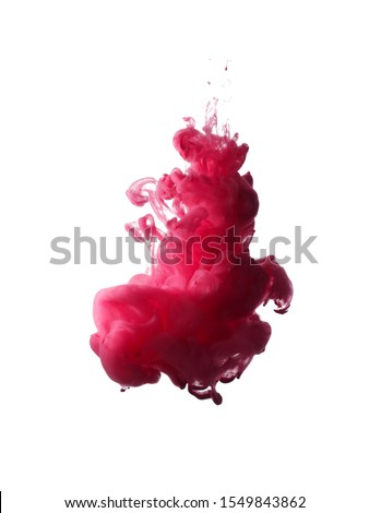 Abstract flowing fluid. Clouds of cadmium reed deep hue color ink in water. Isolated on white background.