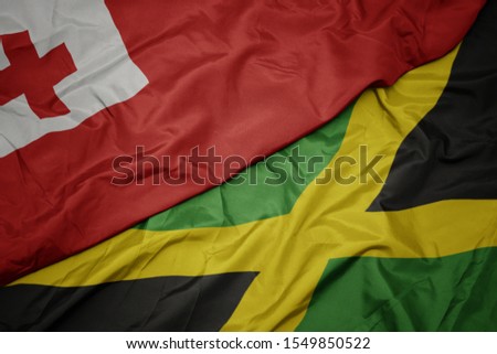 waving colorful flag of jamaica and national flag of Tonga . macro