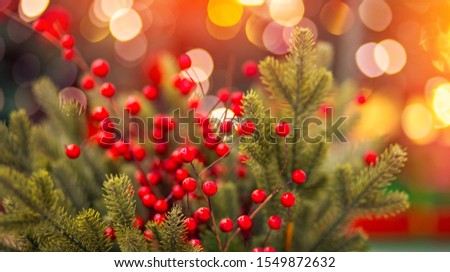 Christmas red pine tree with background bokeh light, New Year sign