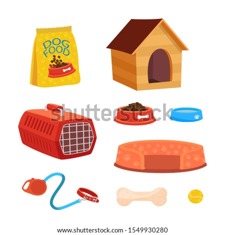 Dog accessories flat vector illustrations set. Various pet shop products isolated on white background. Domestic animal keeping symbols. Canine food, doghouse, carrier cage, leash, toys and bed