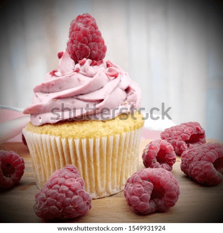 Sweet raspberry cupcakes with the fruit of the raspberry are all around, the picture decorated with retro color style-image