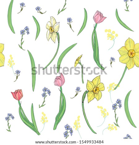 Isolated on white vector seamless floral pattern with narcissus or jonquil, tulip and forget-me-not flowers